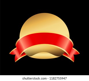 Metal plate, unwritten gold surface and satin embowed strip as prize or grant. Vector blank circle with welted edge and ribbon for congratulation.