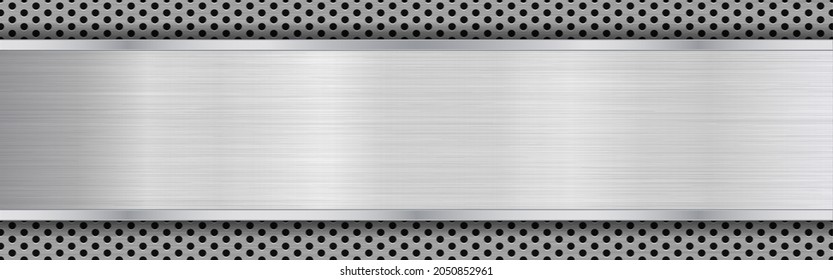 Metal plate. Wide chrome texture. Realistic steel design. Stainless background with light effect. Metal sheet with frame. Vector illustration.