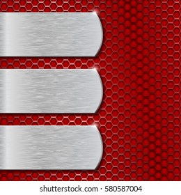 Metal plates on red perforated background. Vector 3d illustration