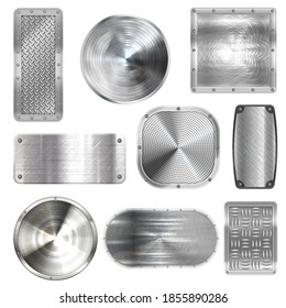 Metal plates on steel screw rivets, steps or floor tiles, vector realistic. Stainless metal plates, iron sheets or aluminum surface deck panels with diamond texture pattern, metallic plaques on bolts