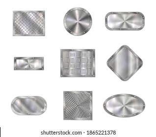 Metal plates on steel screw rivets, steps or floor tiles, vector realistic. Stainless metal plates, iron sheets or aluminum surface deck panels with diamond texture pattern, metallic plaques on bolts