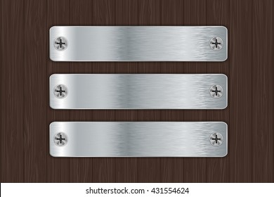 Metal plates on wooden background. Vector illustration