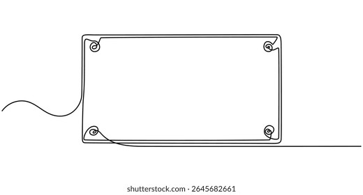 metal plates outline, continuous one line drawing, Four rusty, weathered rectangular metal plates with varying patinas against a white background, License Plate Frames.