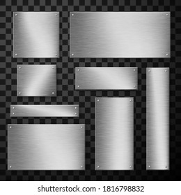 Metal plates, plaque wide and narrow nailed to wall realistic set. Rectangular sheets. Metallic boards horizontal, vertical. Place for text. Vector collection isolated on transparent background.