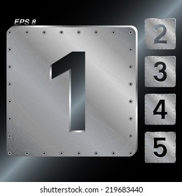  Metal plates with rivets. Number 1,2,3,4,5. Vector EPS 8.
