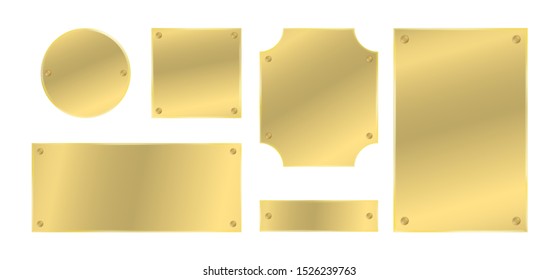 Metal plates with rivets set. Golden colored badges. Vector design elements