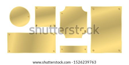 Metal plates with rivets set. Golden colored badges. Vector design elements