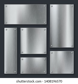 Metal plates. Steel plate, stainless panel chrome tag with screws. Industrial technology metallic blank realistic isolated template vector set