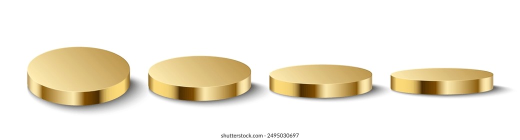 Metal platform, podium of golden color, round stage for product presentation. Shiny metallic gold display, scene 3d render stand to show cosmetic production, showcase side and top view Realistic vecto