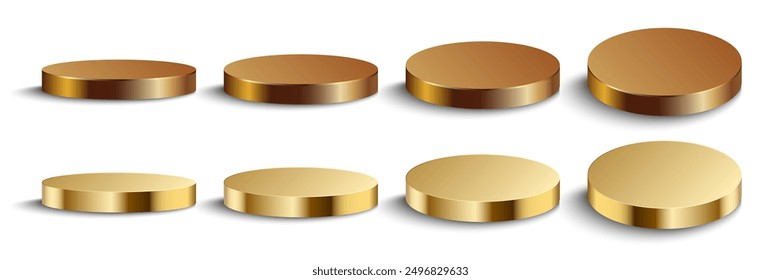 Metal platform, podium of golden color, round stage for product presentation. Shiny metallic gold display, scene 3d render stand