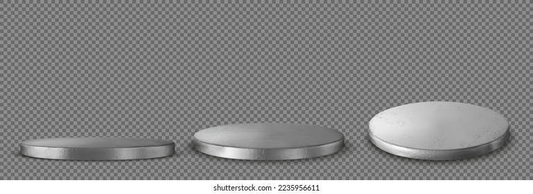 Metal platform, podium of silver color, round stage for product presentation. Shiny metallic display, scene 3d render stand to show cosmetic production, showcase side and top view Realistic vector set