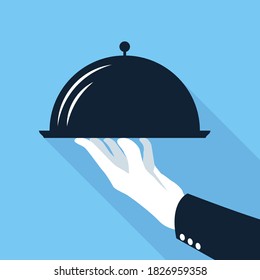 Metal platter flat icon. Vector concept illustration of a closed stainless steel plate of food in a waiters hand. Represents a concept of serving food, eating in a restaurant, haute cuisine