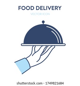 Metal platter icon. Vector concept illustration of a closed stainless steel plate of food in a waiters hand. Represents a concept of serving food, eating in a restaurant, haute cuisine