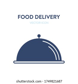 Metal platter icon. Vector concept illustration of a closed stainless steel plate of food. Represents a concept of serving food, eating in a restaurant, haute cuisine and professional kitchen