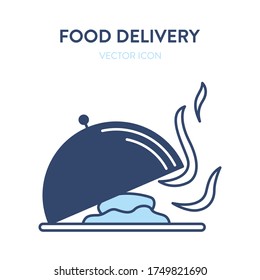 Metal platter icon. Vector concept illustration of a slightly open metal plate with steaming fragrance food inside. Represents a concept of serving food, eating in a restaurant, haute cuisine