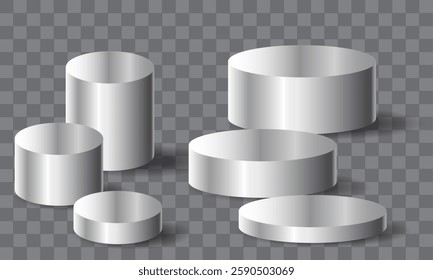 Metal podium circle blank set collection on grey checkered background vector illustration.