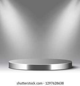 Metal Podium And Spotlights. Round Glossy Pedestal. Scene. Vector Illustration.