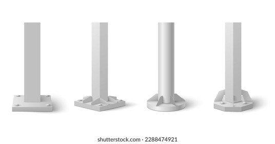 Metal pole with different shapes template set. Realistic stainless steel pipes for urban advertising banners, billboard, streetlight vector illustration