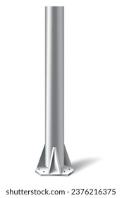 Metal pole pillar. Steel pipe bolted on flat base. Steel vertical cylinder footing for road sign, banner, billboard, isolated on white background. Vector illustration