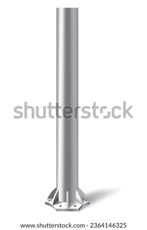 Metal pole pillar. Steel pipe bolted on flat base. Steel vertical cylinder footing for road sign, banner, billboard, isolated on white background. Vector illustration