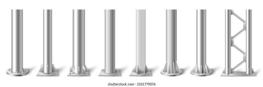 Metal pole pillars set  steel pipes different diameters bolted round base isolated white background  Cylinder footings for road sign  banner  billboard  Realistic 3d vector illustration