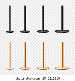 Metal poles collection isolated on transparent background. Glossy bronze and steel pipes of various diameters. Billboard or advertising banner mount, holder. Vector illustration.