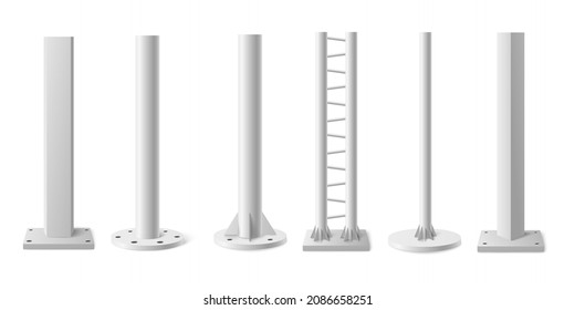 Metal poles or columns in realistic 3d style, vector illustration isolated on white background. Set of steel vertical pipes or pillars for street light or billboard.