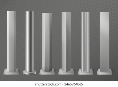 Metal poles. Metalic pillars for urban advertising sign and billboard. Polish steel columns in different section shapes 3d vector street base aluminum constructing set