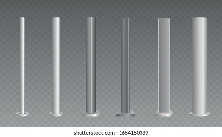 Metal poles. Metalic pillars for urban advertising sign and billboard. Set of metal poles with different diameters.