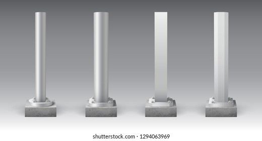 Metal poles on concrete bases. Steel footings for road sign, banner or billboard. Anchor base light pole. Street advertising construction elements.