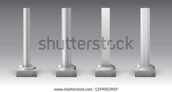 Metal poles on concrete bases. Steel footings\
for road sign, banner or billboard. Anchor base light pole. Street\
advertising construction\
elements.