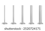 Metal poles set isolated on white background. Vector realistic illustration of stainless steel ads banner support, industrial iron column, construction equipment, iron banner stand, furniture leg