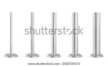 Metal poles set isolated on white background. Vector realistic illustration of stainless steel ads banner support, industrial iron column, construction equipment, iron banner stand, furniture leg