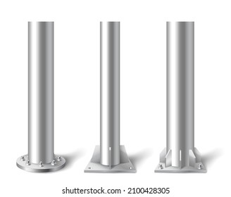 Metal poles. Steel construction pole, aluminum pipes and metal column. Metallic vertical pillars, posts, rails for upright support in construction and engineering. Vector illustration