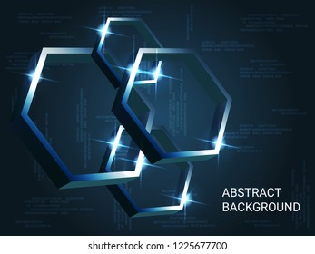 Metal polygons sparkle on the background. Futuristic geometric background. Abstract composition. 3D vector illustration . Blue three-dimensional metal polygon in space.