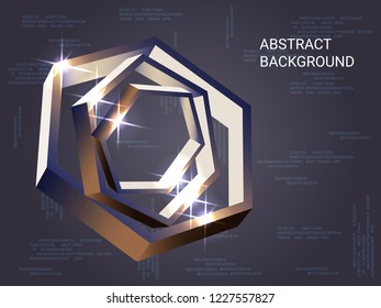 Metal polygons sparkle on the background. Futuristic geometric background. Abstract composition. 3D vector illustration . Bronze three-dimensional metal polygon in space.