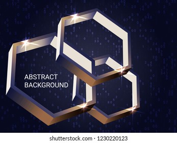 Metal polygons sparkle on the background. Minimal geometric background. Abstract composition. 3D vector illustration . Bronze three-dimensional metal polygon in space.