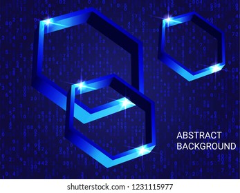 Metal polygons sparkle on the background. 3D vector illustration . Creative geometric background. Abstract composition. Blue three-dimensional metal polygon in space.