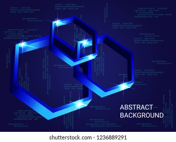 Metal polygons sparkle on the background. 3D vector illustration . Minimal geometric background. Abstract composition. Blue three-dimensional metal polygon in space.