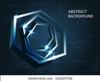 Metal polygons sparkle on the background. Modern geometric background. Abstract composition. 3D vector illustration . Blue three-dimensional metal polygon in space.