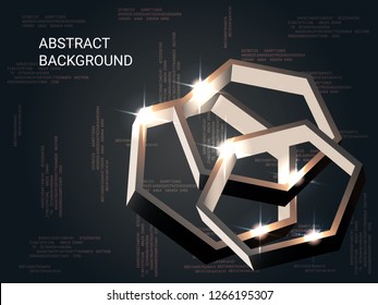 Metal polygons sparkle on the background. Minimal geometric background. Abstract composition. 3D vector illustration . Bronze three-dimensional metal polygon in space.