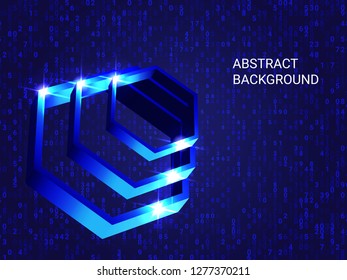 Metal polygons sparkle on the background. Minimal geometric background. Abstract composition. 3D vector illustration . Blue three-dimensional metal polygon in space.
