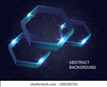Metal polygons sparkle on the background. Minimal geometric background. Abstract composition. 3D vector illustration . Blue three-dimensional metal polygon in space.