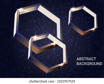 Metal polygons sparkle on the background. Creative geometric background. Abstract composition. 3D vector illustration . Bronze three-dimensional metal polygon in space.