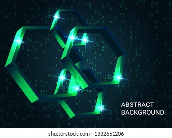 Metal polygons sparkle on the background. 3D vector illustration . Creative geometric background. Abstract composition. Green three-dimensional metal polygon in space.