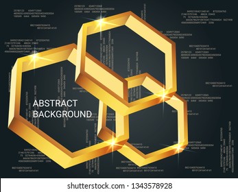 Metal polygons sparkle on the background. 3D vector illustration . Futuristic geometric background. Abstract composition. Gold three-dimensional metal polygon in space.