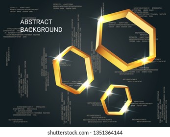 Metal polygons sparkle on the background. 3D vector illustration . Futuristic geometric background. Abstract composition. Gold three-dimensional metal polygon in space.