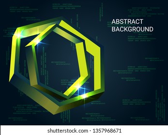 Metal polygons sparkle on the background. Minimal geometric background. Abstract composition. 3D vector illustration . Green three-dimensional metal polygon in space.