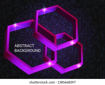 Metal polygons sparkle on the background. 3D vector illustration . Modern geometric background. Abstract composition. Violet three-dimensional metal polygon in space.