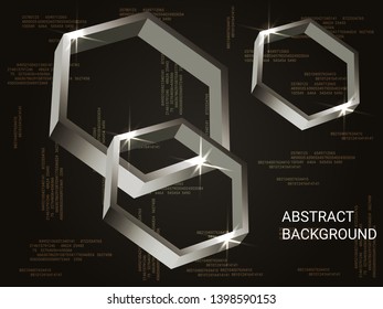 Metal polygons sparkle on the background. 3D vector illustration . Creative geometric background. Abstract composition. Silver three-dimensional metal polygon in space.